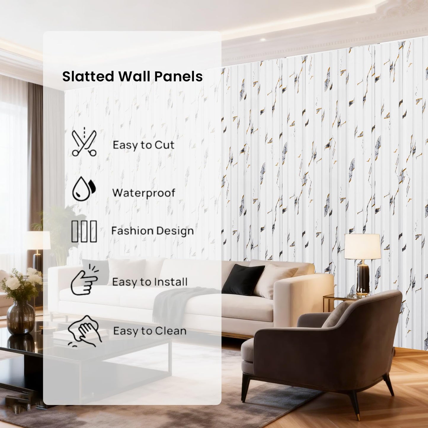 16 Pack Faux Marble Slat Wall Panels for Interior Wall Decor, Waterproof Lightweight Decorative Panels for Accent Wall, DIY Wall Covering for Living Room Bedroom TV Wall, 47.2" × 4.3", White