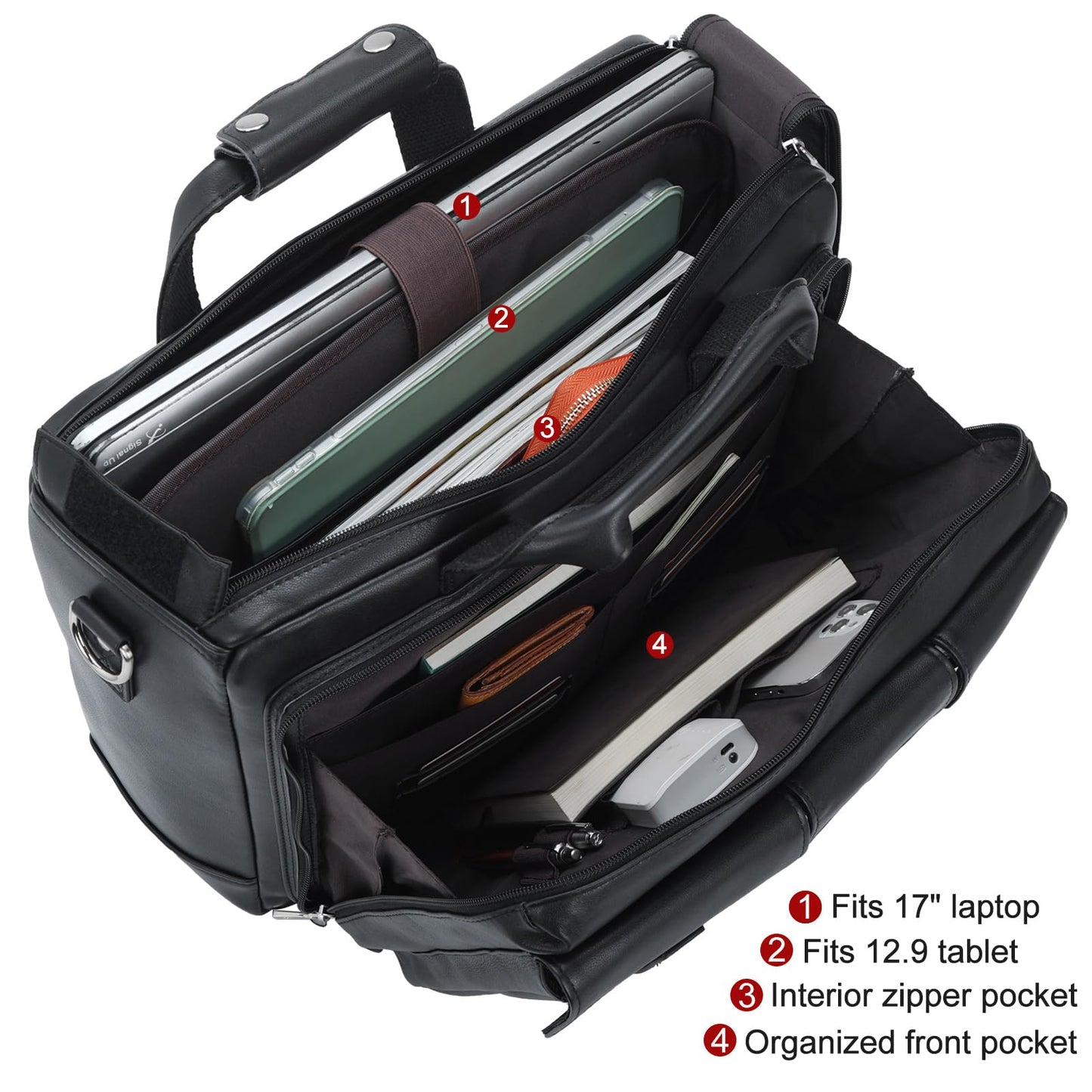 TIDING Genuine Leather Briefcase For Men 17.3 Inch Laptop Case Multi Pockets Business Travel Shoulder Messenger Bag_Black