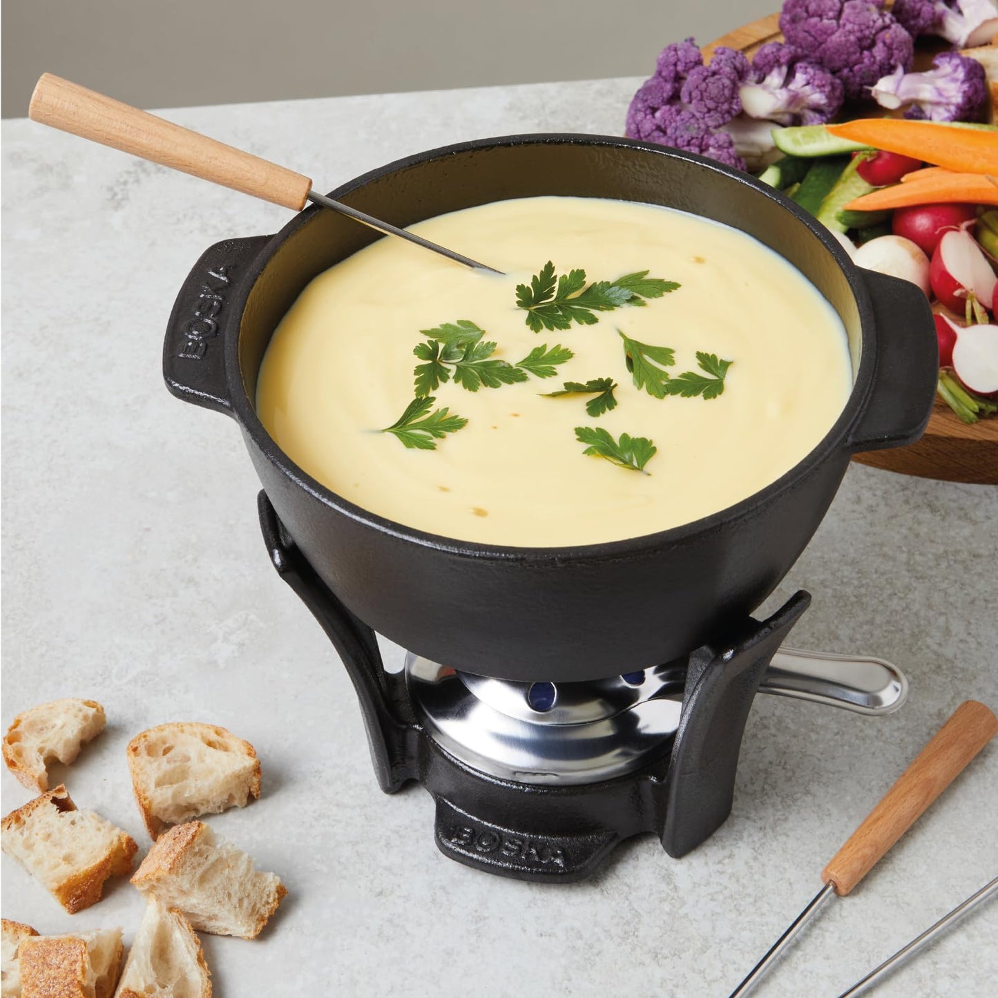 BOSKA Round Cast Iron Fondue Pot Party Pro - Durable inc. Burner and 4 Forks - for All Types of Stoves - Cheese Melts Smoothly Every Time