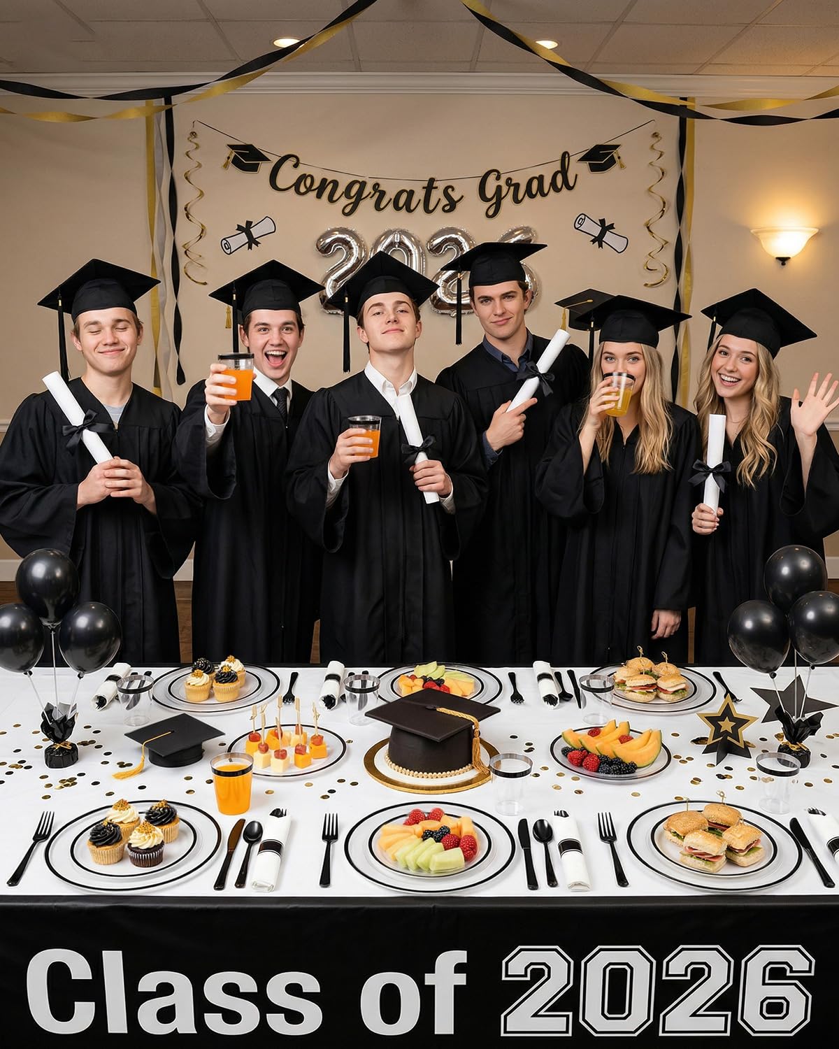 Goodluck 350 Piece Black Plastic Dinnerware Set for Party, Clear Disposable Plates for 50 Guests, Includes 100 Plates, 50 Pre Rolled Napkins with Cutlery Set, 50 Cups, for Graduation Party, Wedding