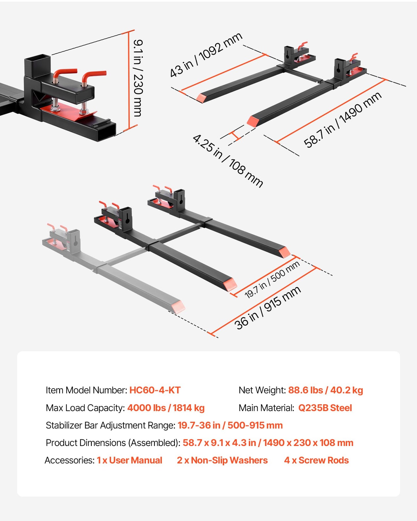 VEVOR Pallet Forks, 4000 lbs Clamp on Pallet Forks, 60-Inch Total Length Heavy-Duty Tractor Fork with Adjustable Stabilizer Bar for Tractor Attachments, Loader Bucket, and Skid Steer, Black