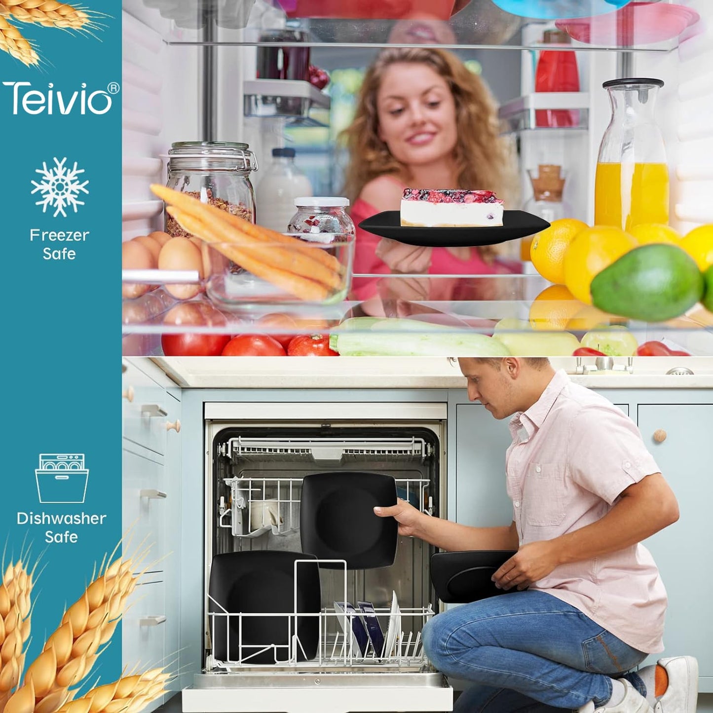 Teivio 32-piece Plastic Wheat Straw Square Dinnerware Set for 8, Unbreakable Dinner Plates, Salad Plates, Snack Bowls, Tumblers, Dishwasher Safe, Outdoor Kitchen Dinning RV Essentials Dish, Black