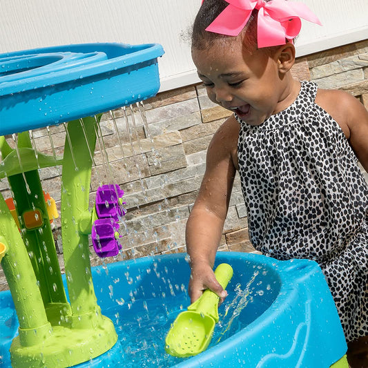 Step2 Summer Showers Splash Tower Water Table for Kids, Outdoor Kids Water Sensory Table, Ages 1.5+ Years Old, 8 Piece Water Toy Accessories, Blue & Green