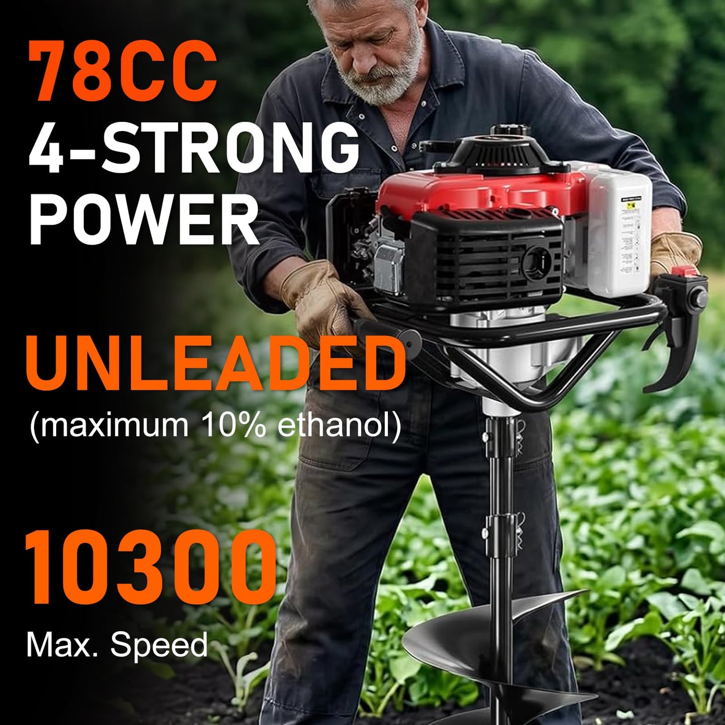 78CC Auger Post Hole Digger, 4 Stroke Gas Powered Earth Post Hole Digger with 2 Auger Drill Bits(6" & 8") + Extension Rods for Farm Garden Plant, Orange (78CC)