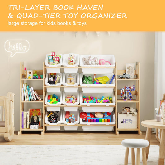 EXPERLAM Extra Large Toy Storage - Toy Storage Organizer, Wooden Toy Organizer with 6 Side Shelves and 12 Bins, 3-in-1 Bookshelf for Kids Rooms, Playroom, Nursery, White