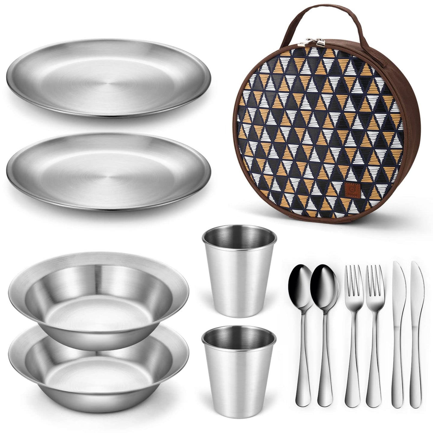 Odoland Stainless Steel Camping Mess Kit for Family & 2 Person, Cooking Tableware Utensils with Plates Bowls Forks Spoons Knives & Savings Bag for Camping, Backpacking, Hiking, Picnic, 2 Person Set
