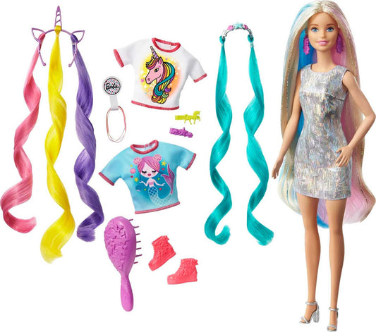 Barbie Fantasy Hair Doll, Blonde, with 2 Decorated Crowns, 2 Tops & Accessories for Mermaid and Unicorn Looks, Plus Hairstyling Pieces, for Kids 3 to 7 Years Old (Amazon Exclusive)