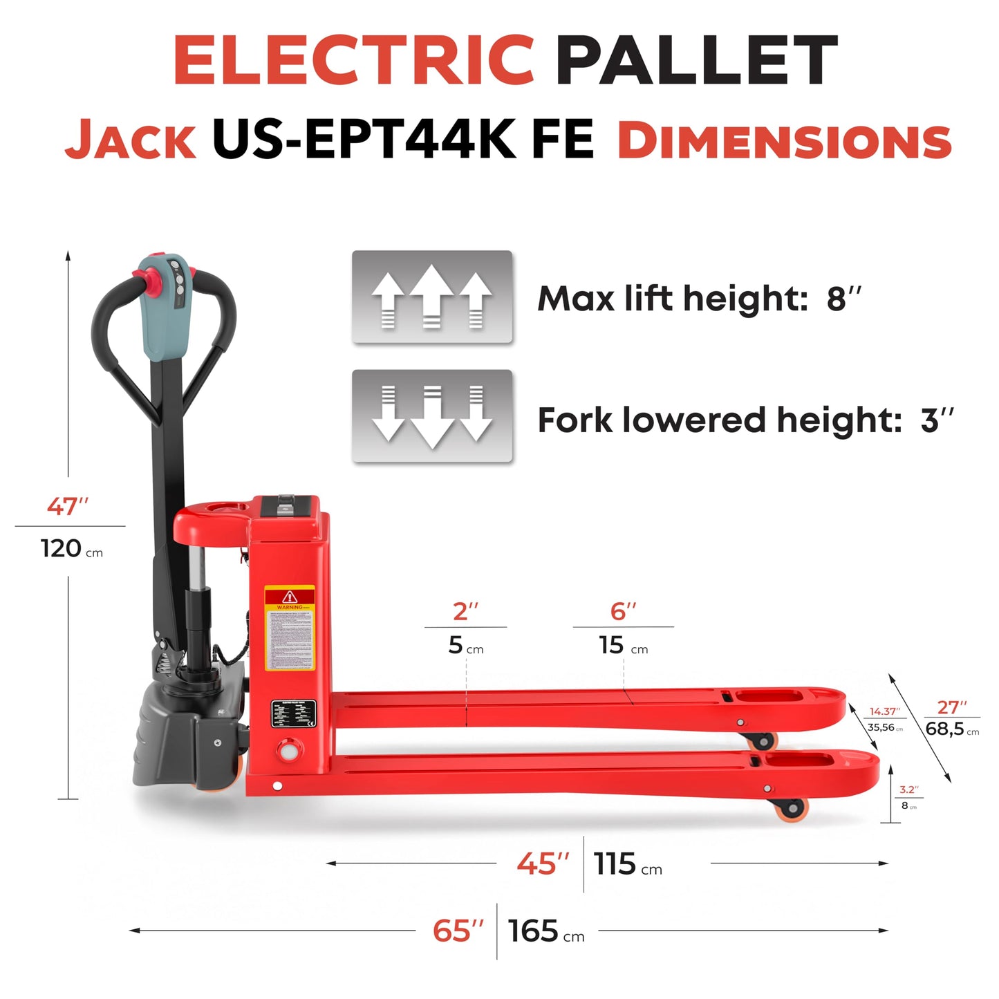 TEXLIFT Full Electric Power Pallet Jack – Standard Duty Pallet Truck 4400 Lb Capacity, 48” L x 27” W Fork Size, Plug-in 48V/15A Lithium Battery – Max Lift Height 7.8 Inch - (US-EPT44K-FE)