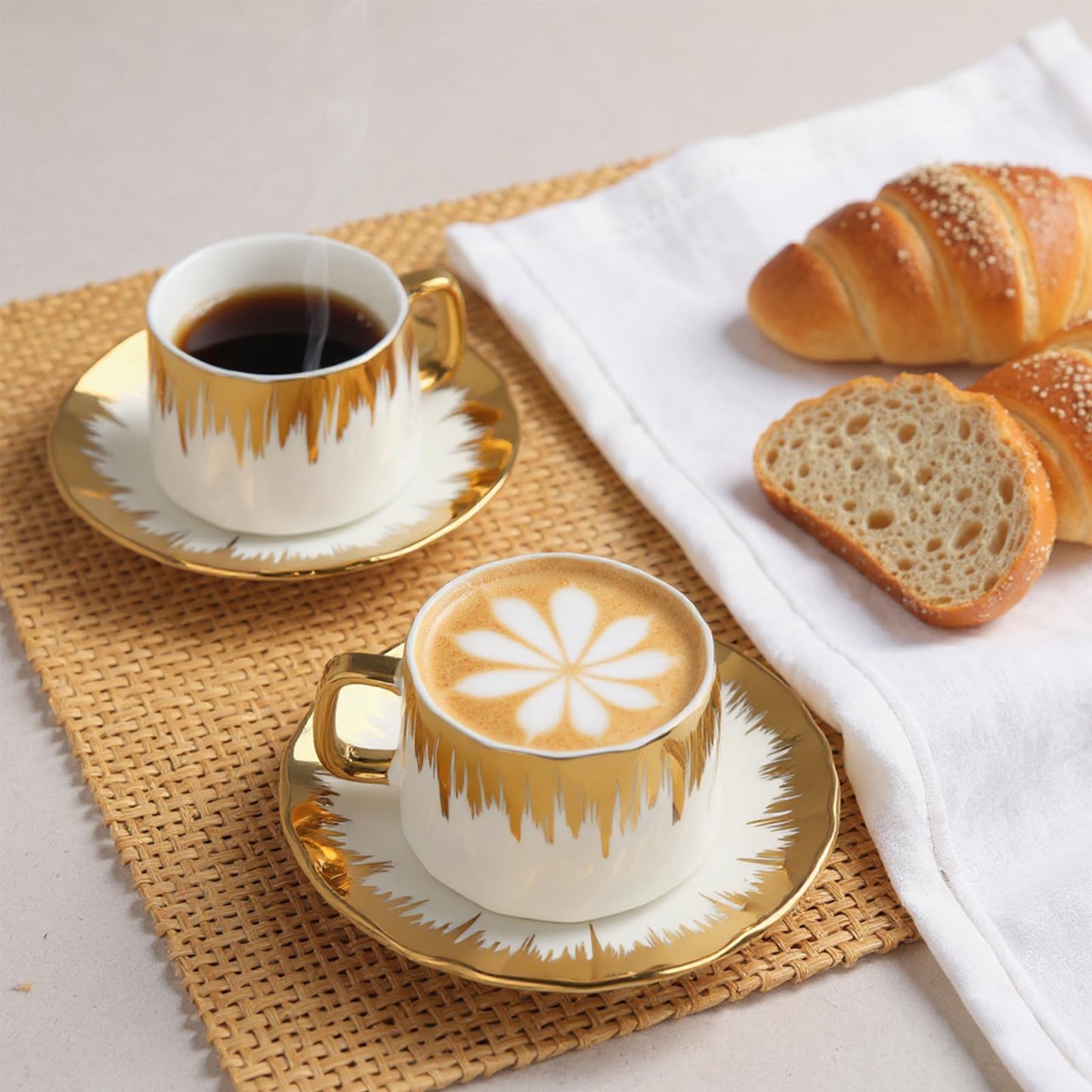 Hebaogugu Coffee Cup Set of 6 with Saucers, 3.5 OZ Ceramic Espresso Cups Set, Gold Trim Turkish Coffee Cup Gift for Cappuccino, Latte, Cafe Mocha and Tea, Dishwasher & Microwave Safe