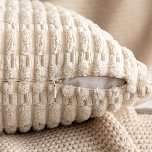MIULEE Corduroy Throw Pillow Covers - Soft Boho Striped Design, 12x12 Inch, Cream White | Modern Farmhouse Decor