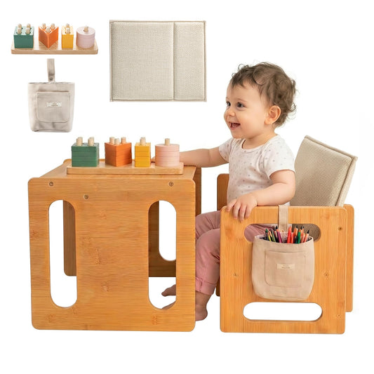 Little Habitats Montessori Weaning Table & Chair Set – Kids Desk & Activity Table with Flip Chair, Removable Cushion, Hanging Pouch & Toy, Convertible, Indoor/Outdoor Toddler Dining, Play & Learning