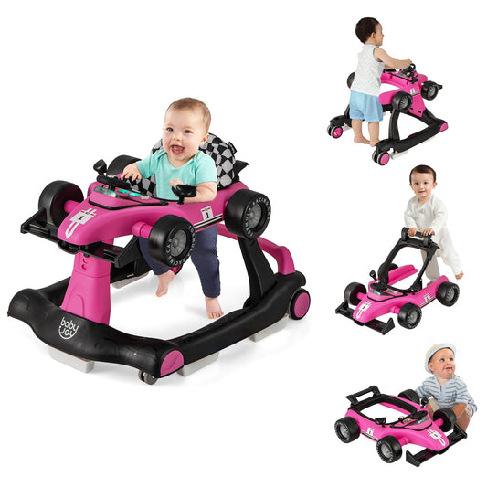 BABY JOY 4-in-1 Baby Walker, Foldable Activity Walker with Adjustable Height & Speed, Music, Lights, Anti-Rollover, Toddler Push Walker, Baby Walker with Wheels for Boys Girls 6-18 Months (Pink)