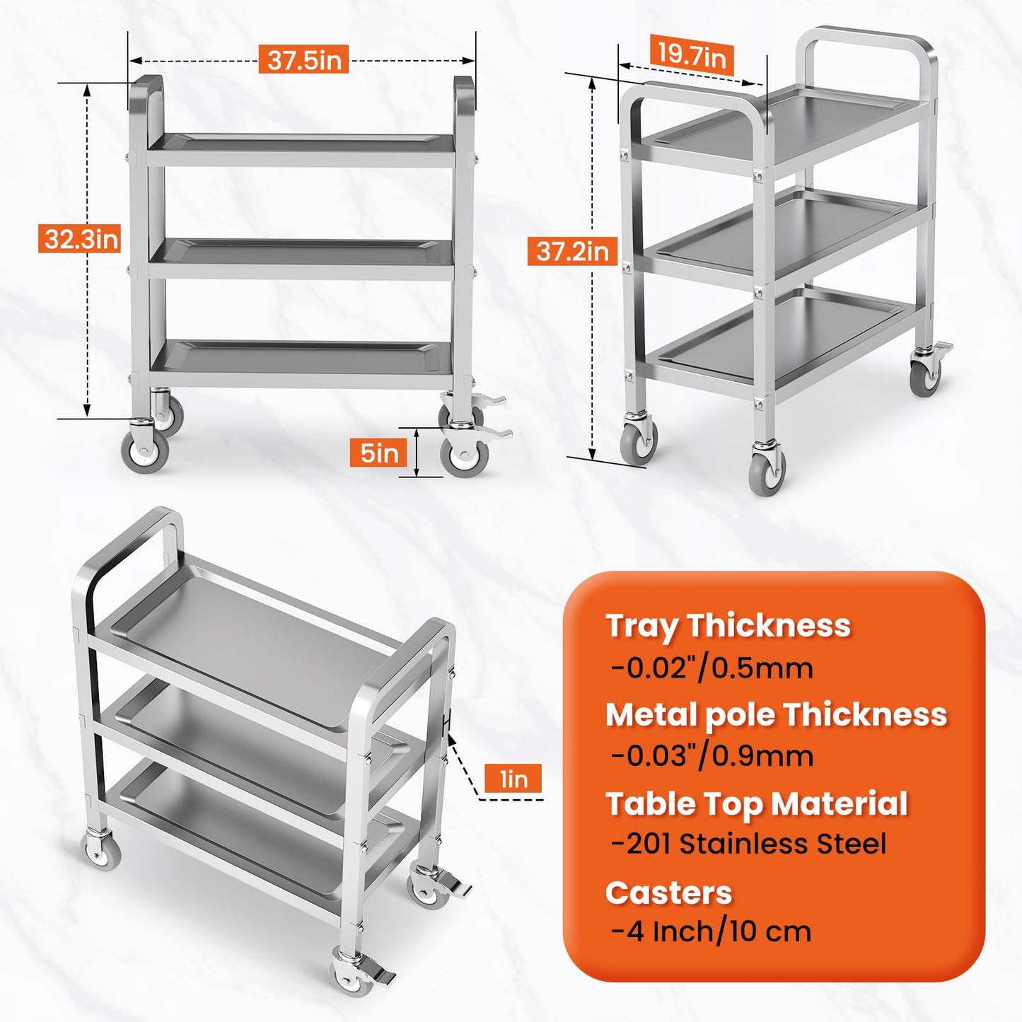 HOCCOT All Stainless Steel Cart, 3 Tier Utility Cart with Brake Wheels, Storage Trolley Heavy Duty Rolling Cart with Strong Load Bearing Easy Assembly for Home Kitchen Restaurant Hotel Lab