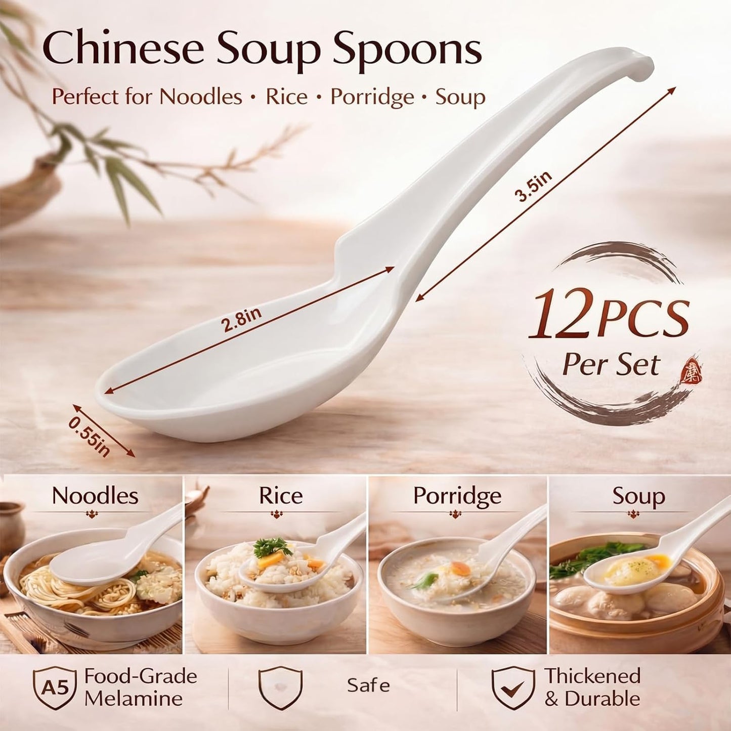 Hushee 12 Pack White Asian Soup Spoons Chinese Won Ton Soup Spoon for Soba, Pho Noodles, Ramen, Asian Noodles, Dishwasher Safe Certified Melamine 6.25 Inch