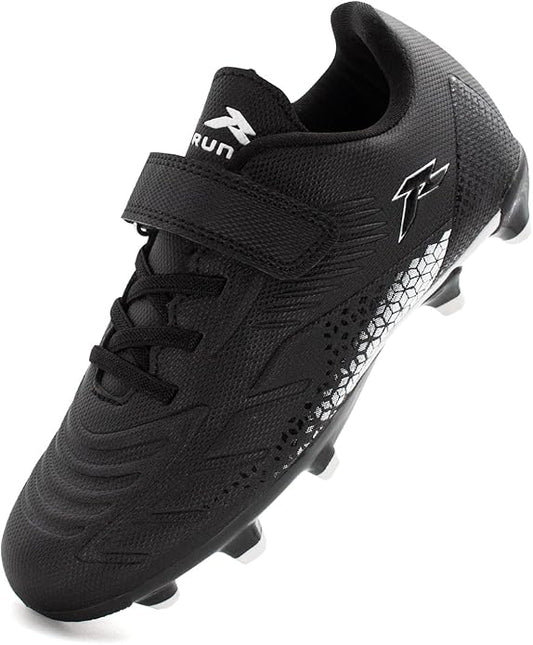RUNIC Kids Soccer Cleats for Boys and Girls - Small and Big Kid Athletic Outdoor Football Shoes - Firm Ground - Hook and Loop Closure - Black/Gold
