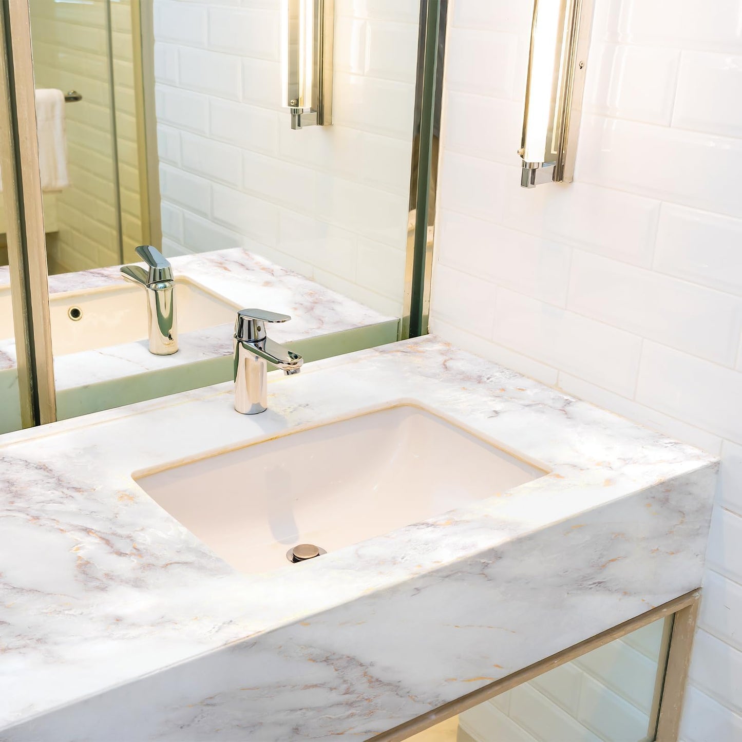 rabbitgoo Marble Contact Paper for Countertops, Self Adhesive Peel and Stick Wallpaper, Removable Kitchen Counter Top Contact Paper for Old Furniture, Gold Matte Granite, 35.4 x 78.7 Inch
