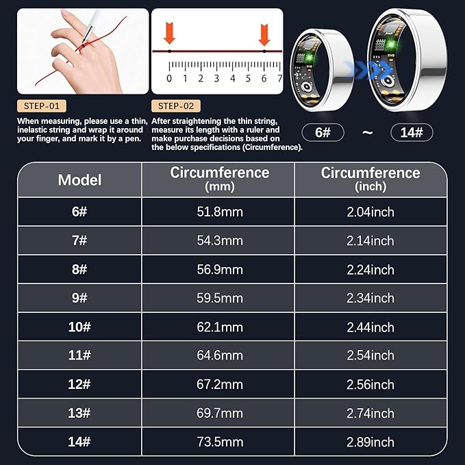 Smart Health Ring for Women Men, Fitness Tracker Ring with Heart Rate, Blood Oxygen, Sleep Tracker, Step Tracker, No Subscription Fee, IP68 Waterproof Smart Ring for iPhone & Android (Silver, 6#)