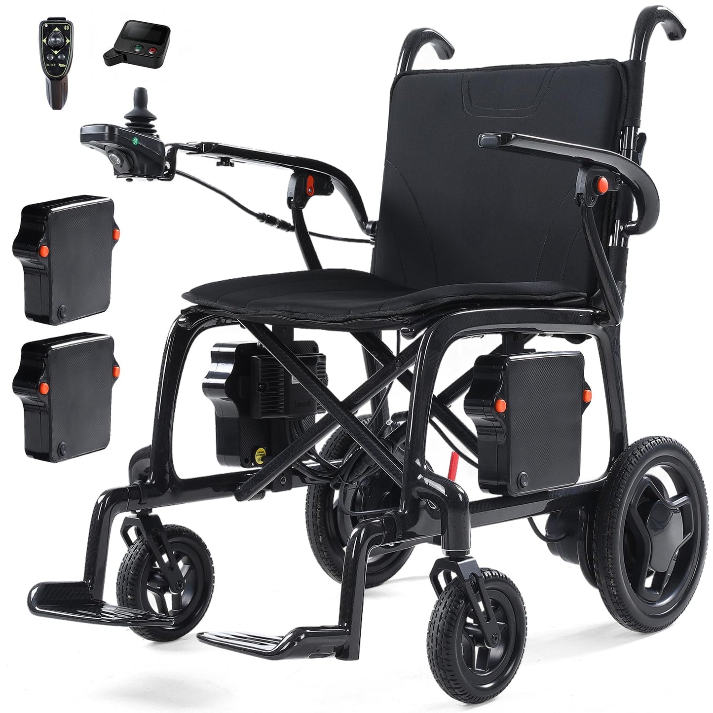 22 lbs Carbon Fiber Electric Wheelchair with Remote Control, Dual Batteries & Rear Controls, 29-Mile Range Lightweight Foldable for Adults, Airline Approved