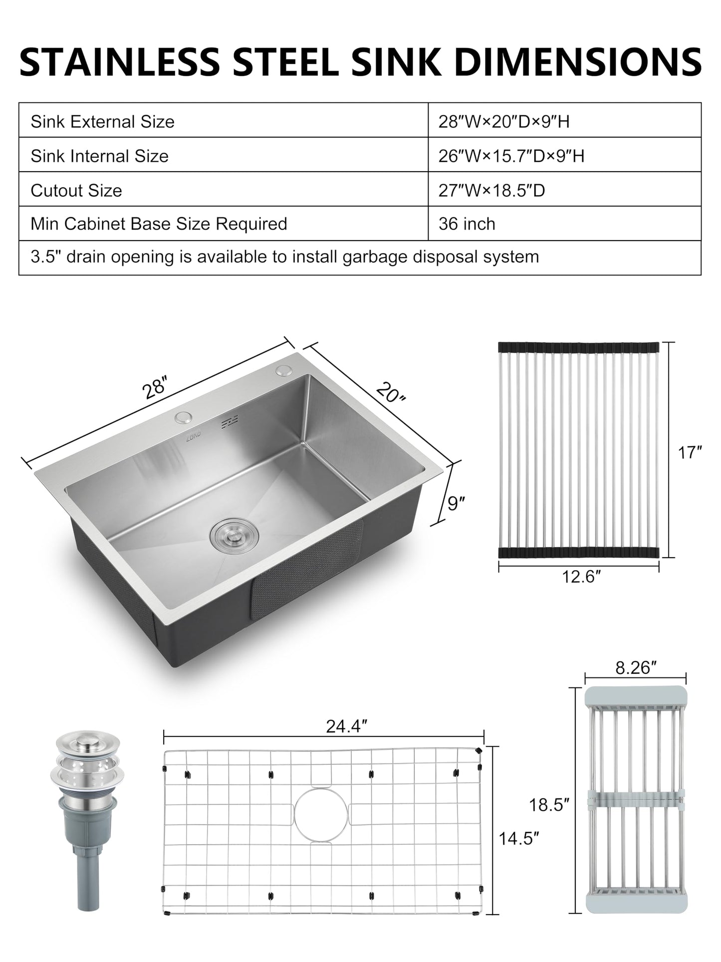 ZBKB 28 Inch Drop in Kitchen Sink with Overflow, 16 Gauge Stainless Steel Single Bowl Topmount Kitchen Sink, 9 Inch Deep Sink with Dish Grid, Roll Drainer and Basket Strainer