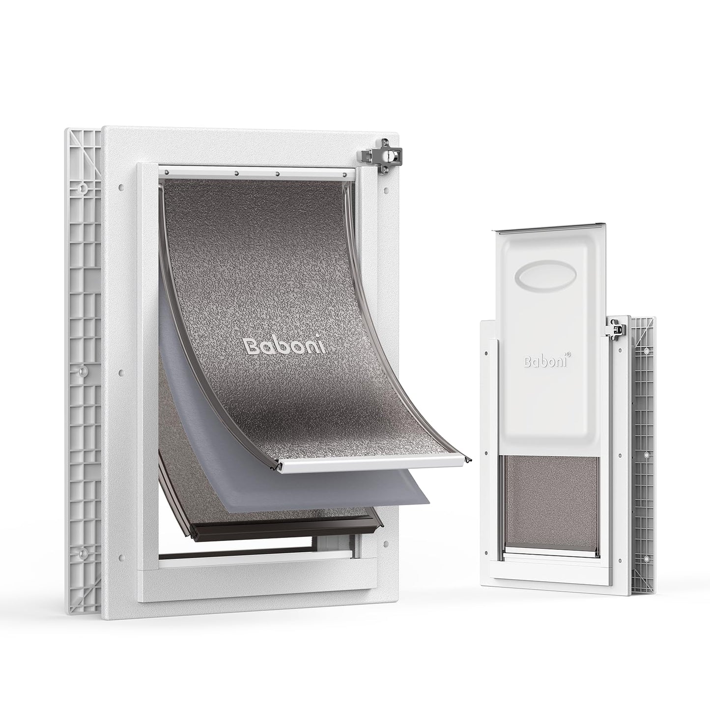 Baboni 3-Flaps Pet Door for Interior and Exterior Doors, Durable Plastic Frame and Telescoping Tunnel, Aluminum Lock/Metal Panel, Strong Magnetic Flaps, Never Rust Dog Door (Pets Up to 40 Lb) -Medium