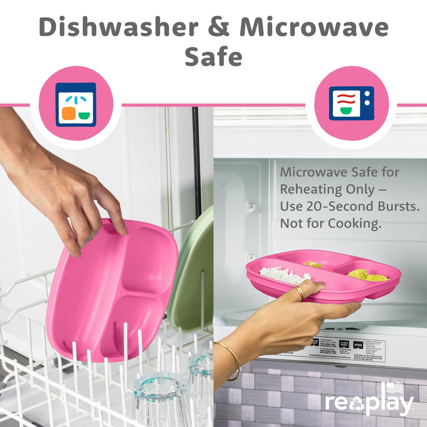 Re-Play Toddler Dinnerware Set - Spill-Proof Sippy Cup, 7" Divided Plate, Fork & Spoon - Durable Recycled Dining Set for Kids - Dishwasher & Microwave Safe - Made in USA - Pink
