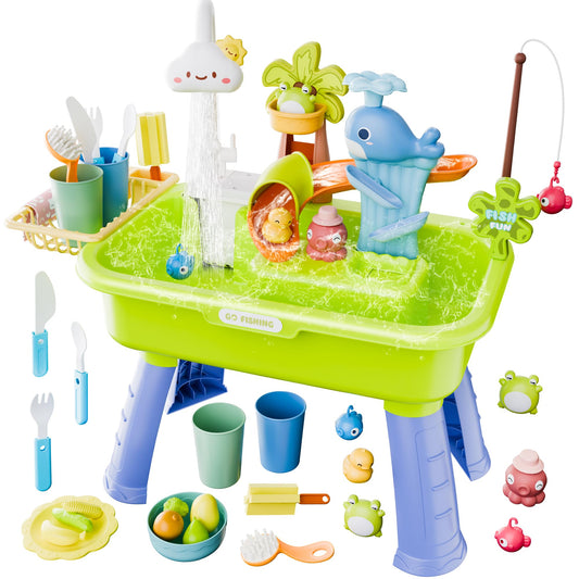 Cosminy 2026 Upgraded Water Table for Toddlers 1-3, Kids Play Sink with Running Water, Toddler Kitchen Sink Toy with Pump, Fishing Game & Sensory Water Play Toys for Boys Girls (Green)