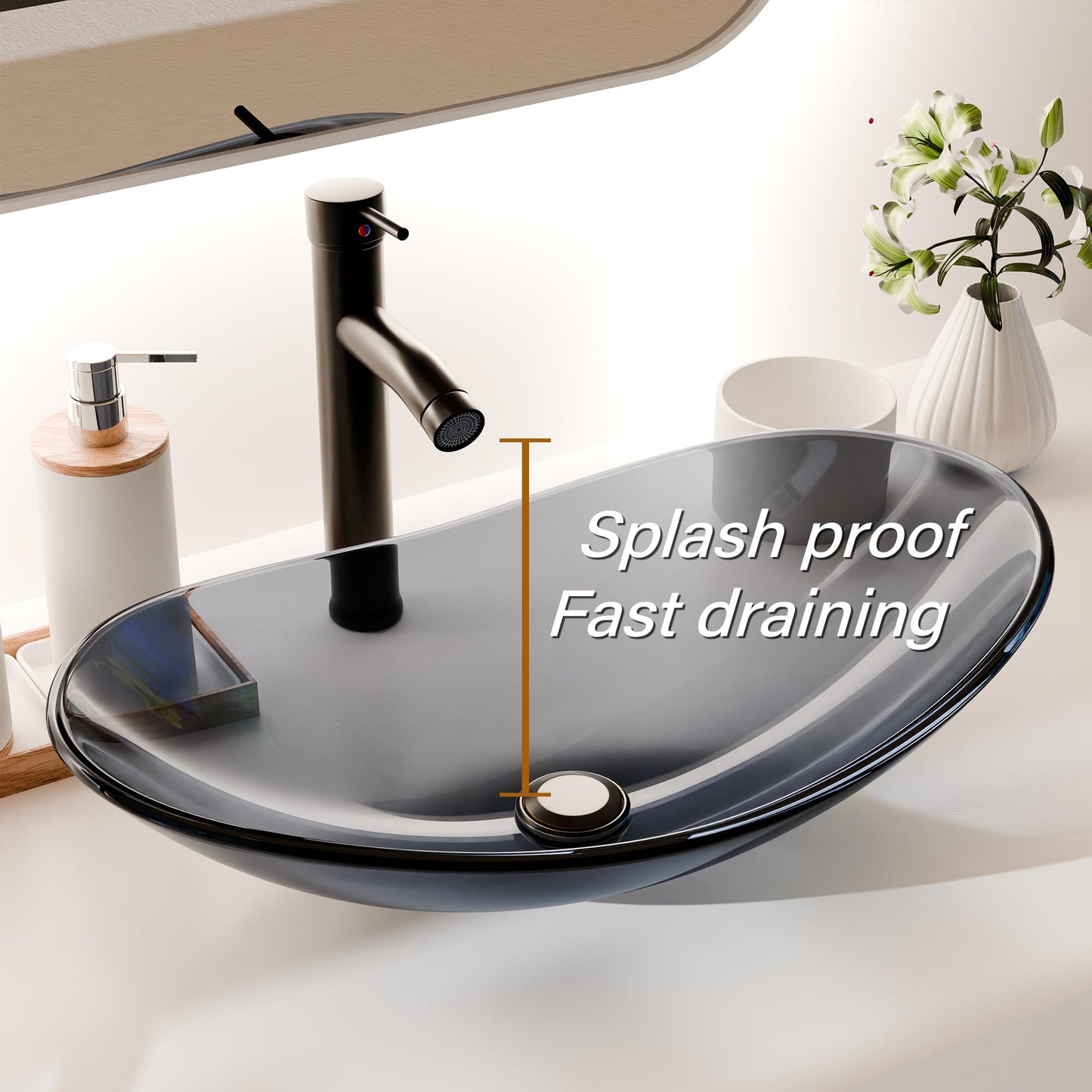 YIMAI Ingenuity Vessel Sink Bathroom Sinks Tempered Glass Art Basin 20.8"x13.7" Oval Bowl Above Counter with Faucet and Pop-Up Drain Combo, Oval Clear Grey,Modern Countertop Bowl Sink