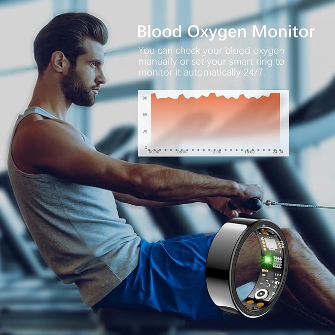 Ring Health Tracker for Women Men, Fit Ring with Heart Rate, Blood Oxygen, Sleep Monitor, Calories, Step Counter, IP68 Waterproof Smart Ring for iPhone & Android, No Subscription Fee (Black, 8#)