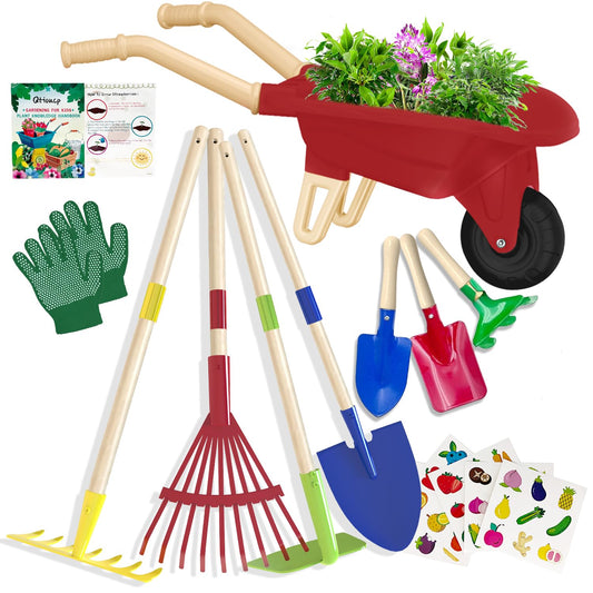 Qtioucp Kids Gardening Tools Outdoor Toys Set Backyard Play with Wheelbarrow Educational STEM Learning Pretend Toys Outdoor Indoor for Toddlers Kids Boys Girls (Red Wheelbarrow Set)