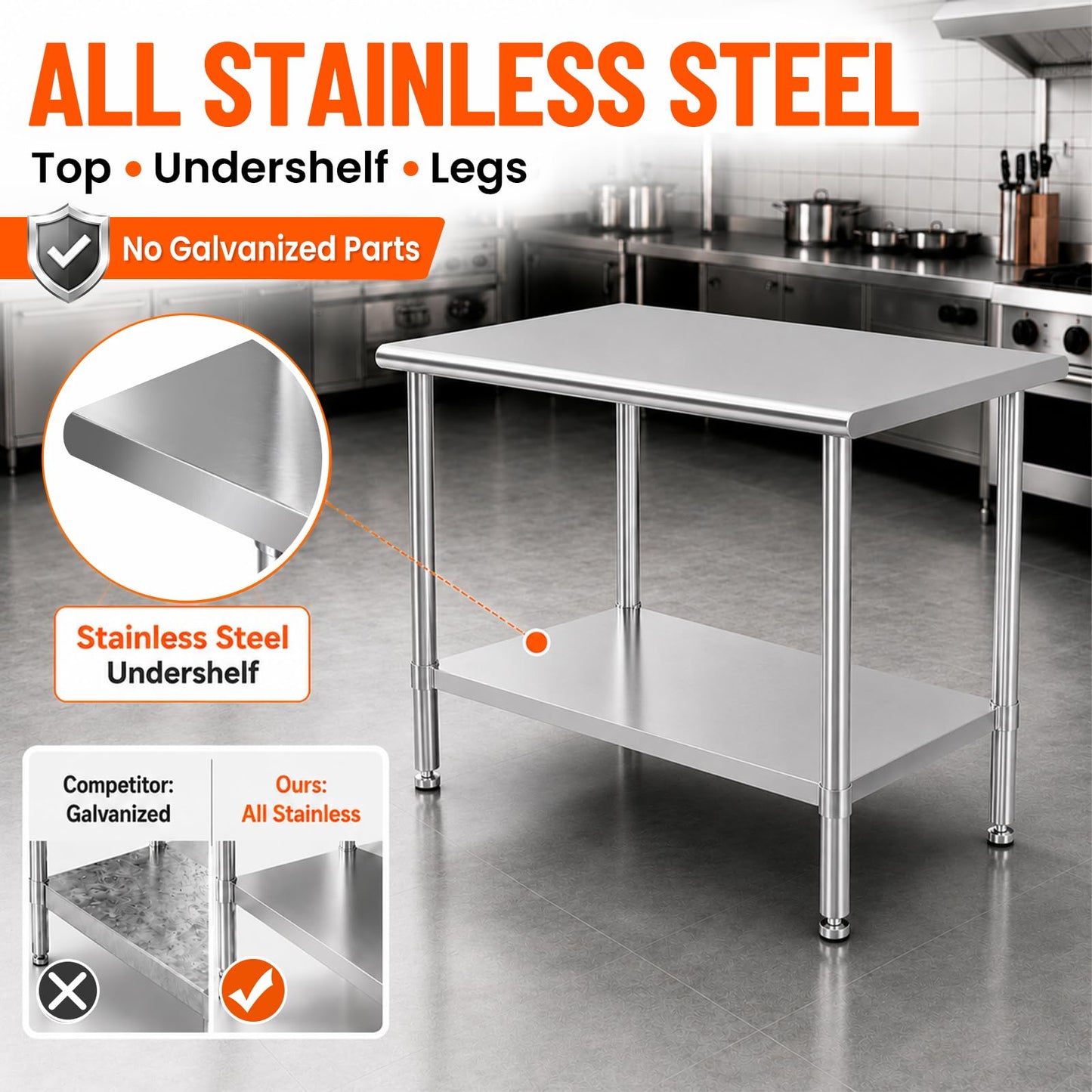 HOCCOT All Stainless Steel Work Table, Heavy Duty Prep Table 24x48 Inch with Stainless Steel Undershelf & Replaceable Feet(Without Casters) Commercial Workstation for Restaurant Kitchen Garage Outdoor