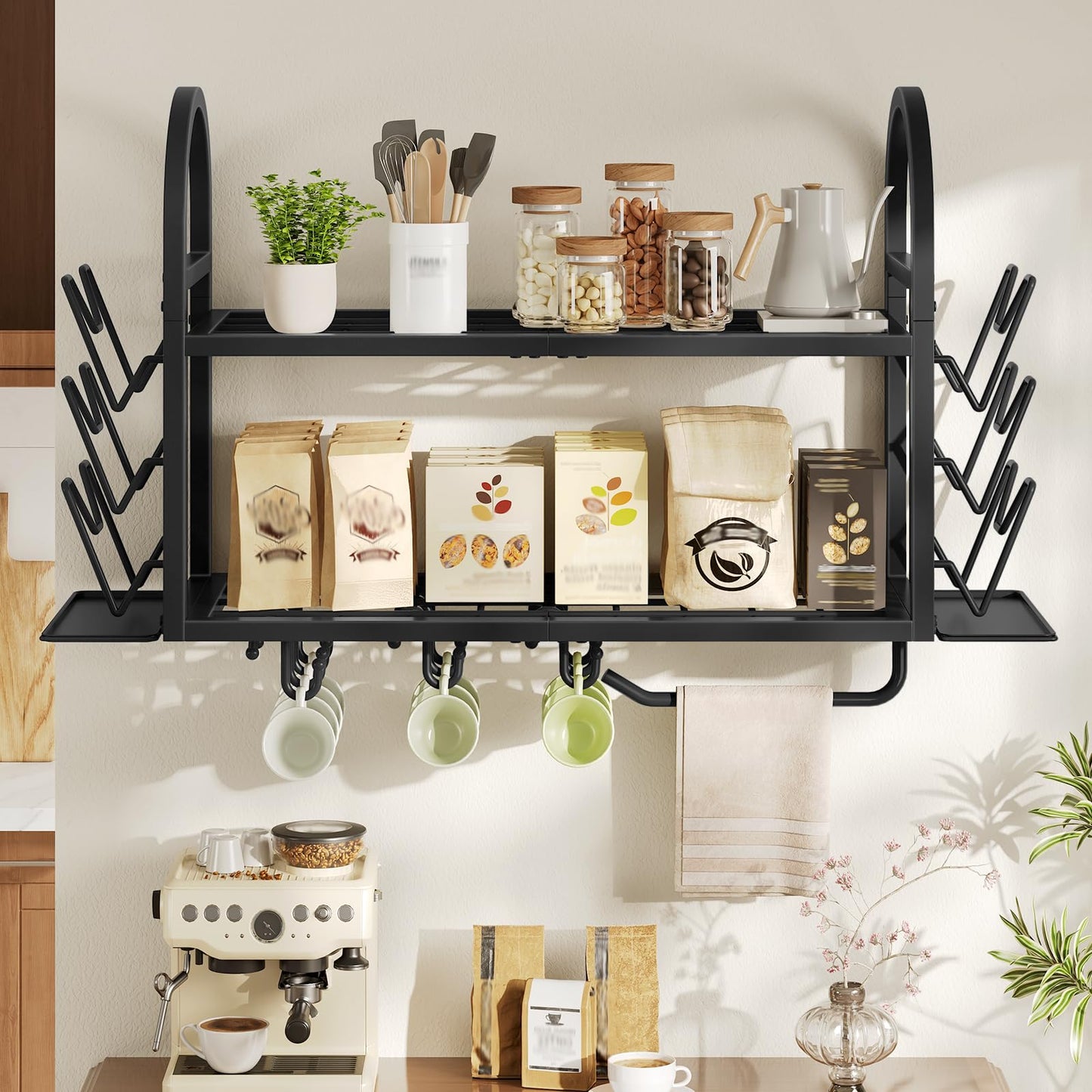 HOOBRO 30 Inch Pot Rack Wall Mounted, 2 Tier Pots and Pans Organizer with 6 Lid Holders and 10 Hooks, Wall-Mounted Pan Hanger with Towel Bar, for Kitchen Cookware Utensils Storage, Black BB100TL01