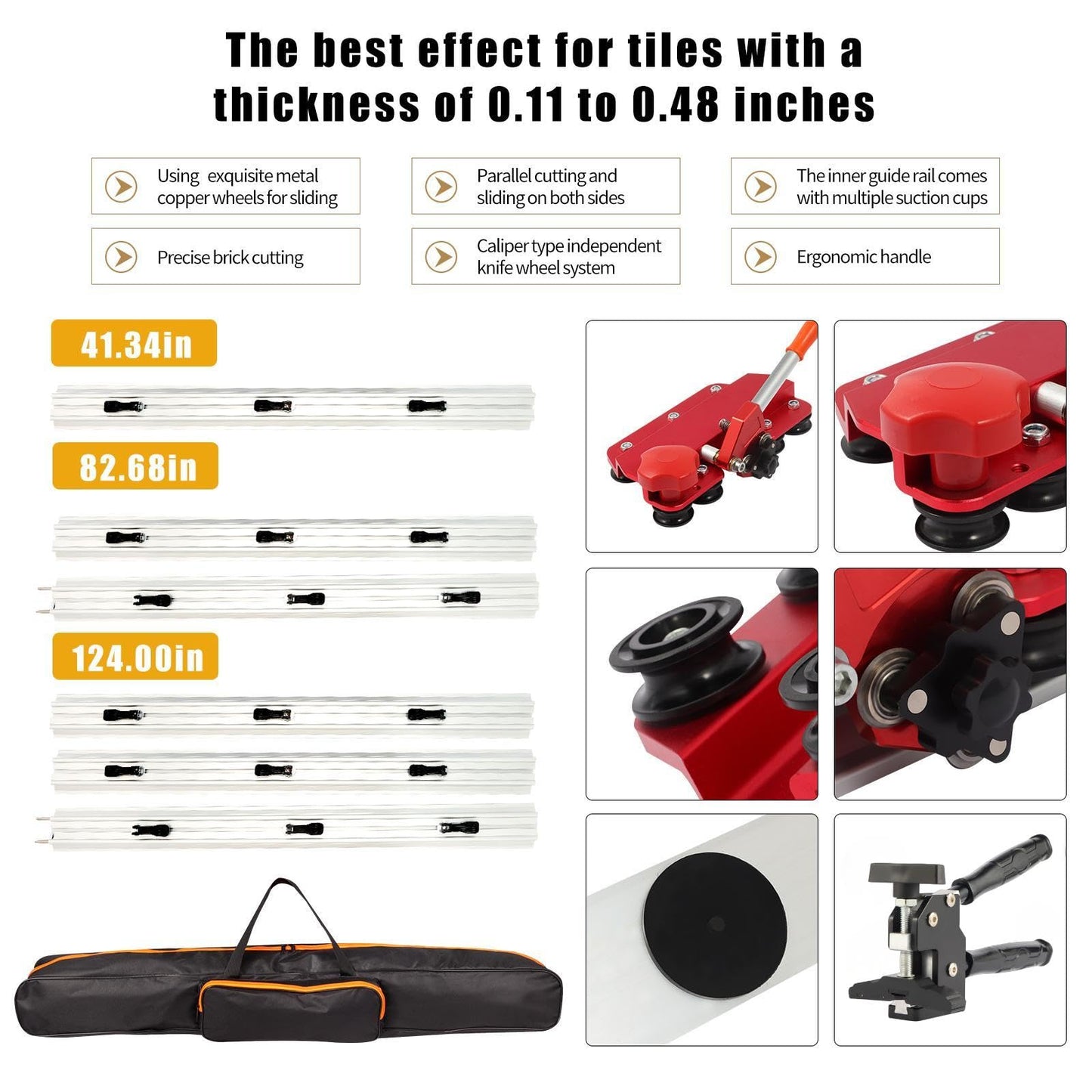 110" Large FormatTile Cutter, Manual Ceramic Tile Cutting Tool with Built-in Suction Cups & Tile Clamp, 3-Head Scoring Wheel System, for Up to 0.47-Inch Thick Tiles