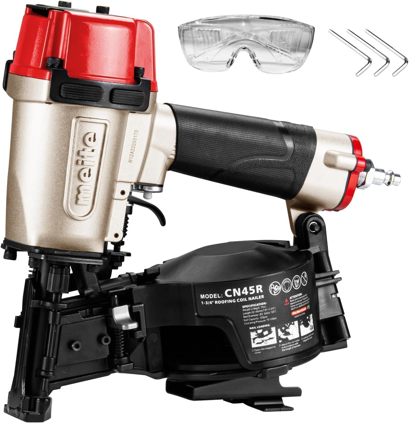 meite CN45R Coil Roofing Nailer Kit with 1-3/4" Coil Roofing Nails, 15 Degree Pneumatic Roof Nail Gun for Asphalt Shingles Underlayment Decking Roof Repair
