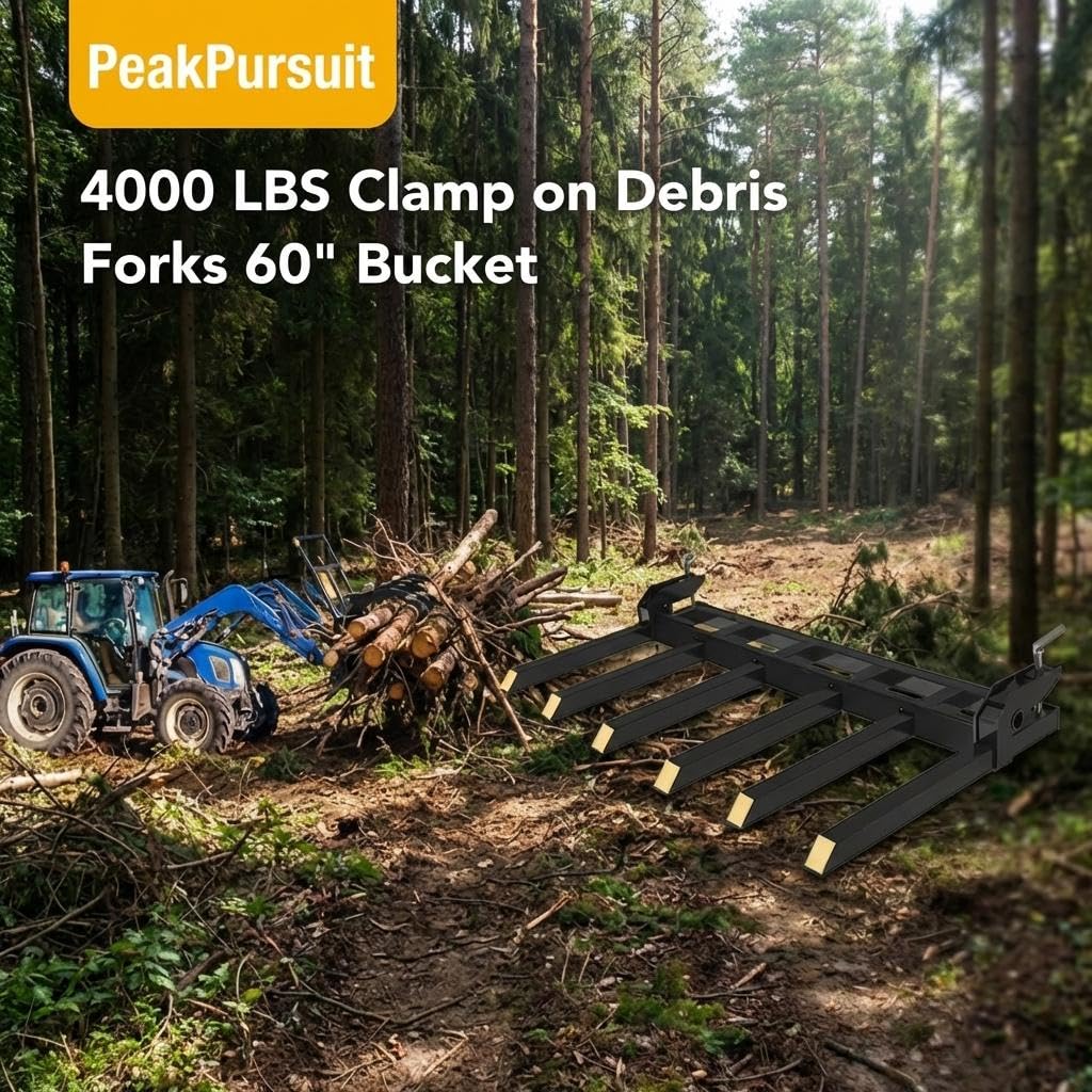 Clamp-On Debris Forks for 60" Loader Bucket – 4000 lbs Heavy Duty Pallet Fork Attachment – Sturdy Steel Construction – Fits Skid Steer/Tractor – Yellow