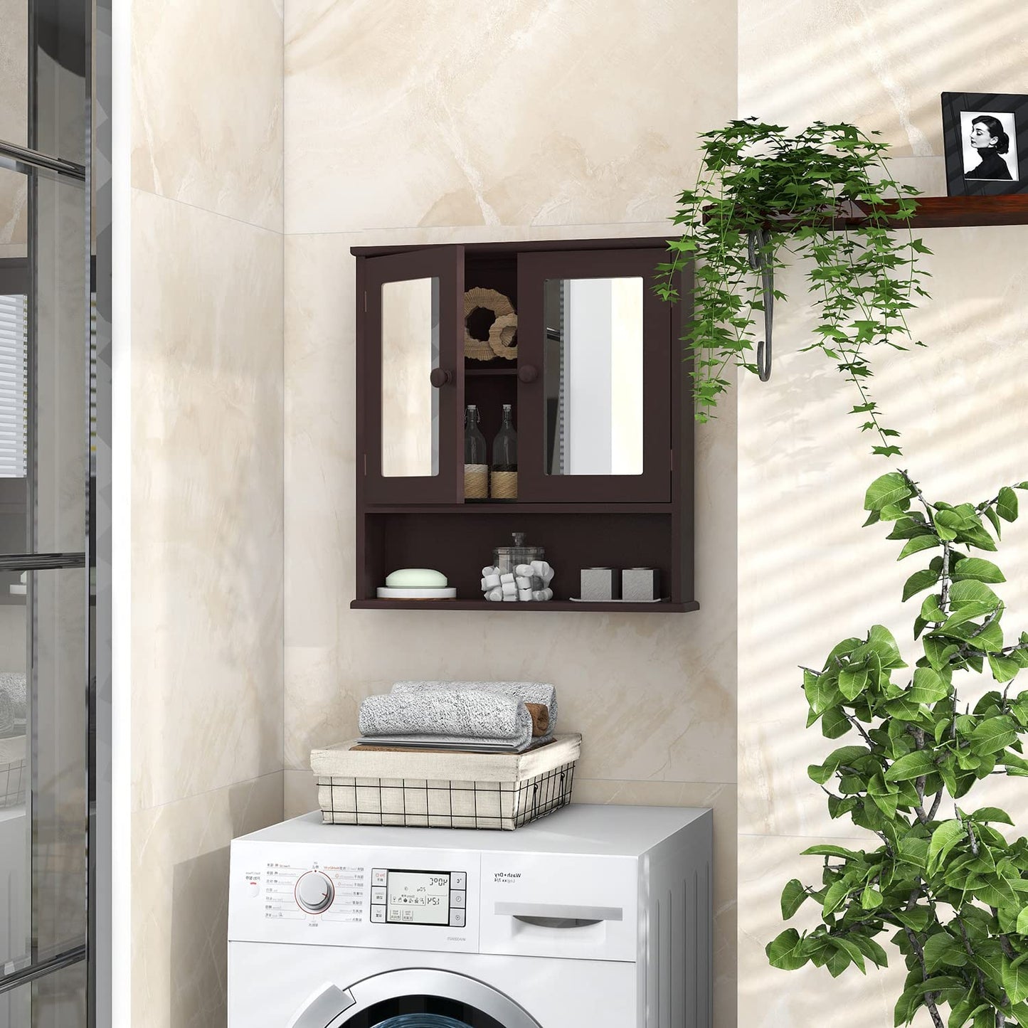TaoHFE Brown Medicine Cabinet with Mirror - 2 Doors, 3 Open Shelves, Wall Mounted Wooden Storage Cabinet for Bathroom, Laundry Room, Kitchen