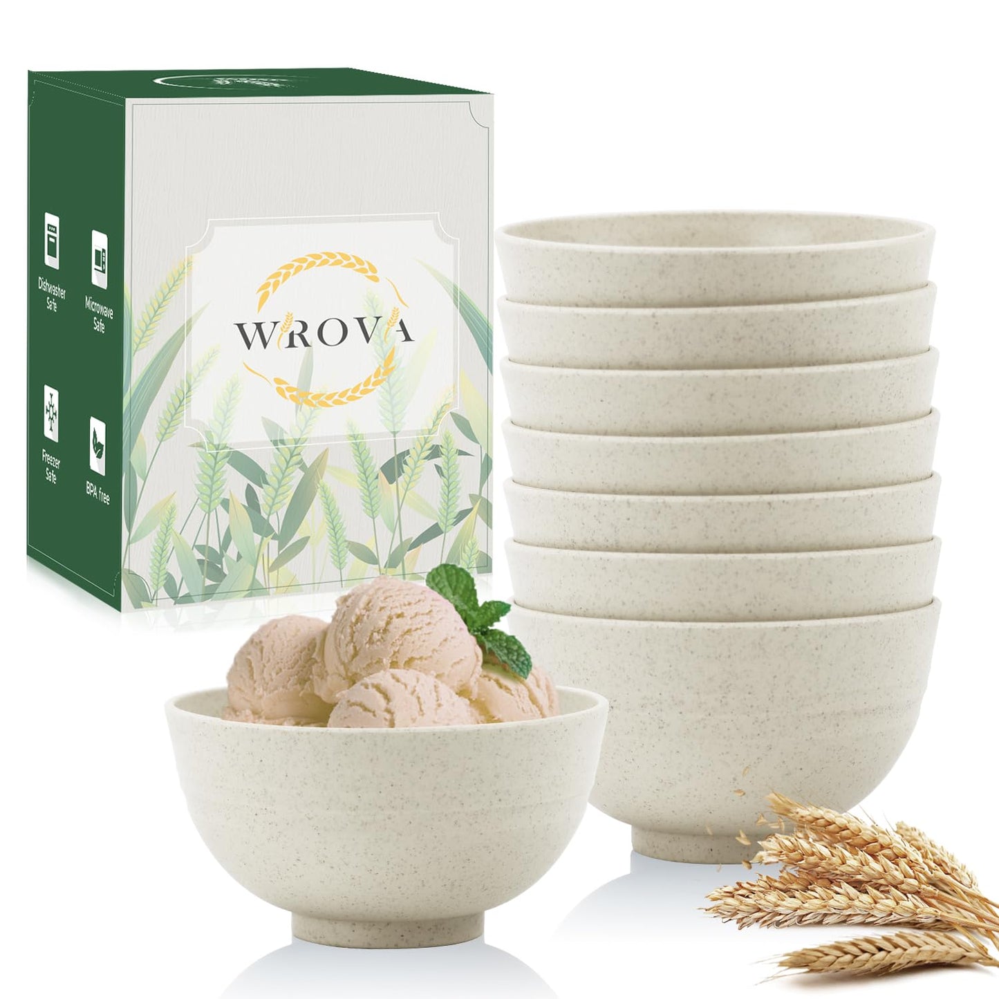 Wrova wheat straw dessert bowls 10oz set of 8 - Unbreakable snack Bowls for kids - Mini Bowls for Ice Cream,Snack and Fruits - Microwave & Dishwasher Safe Appetizer Bowl Sets - Beige