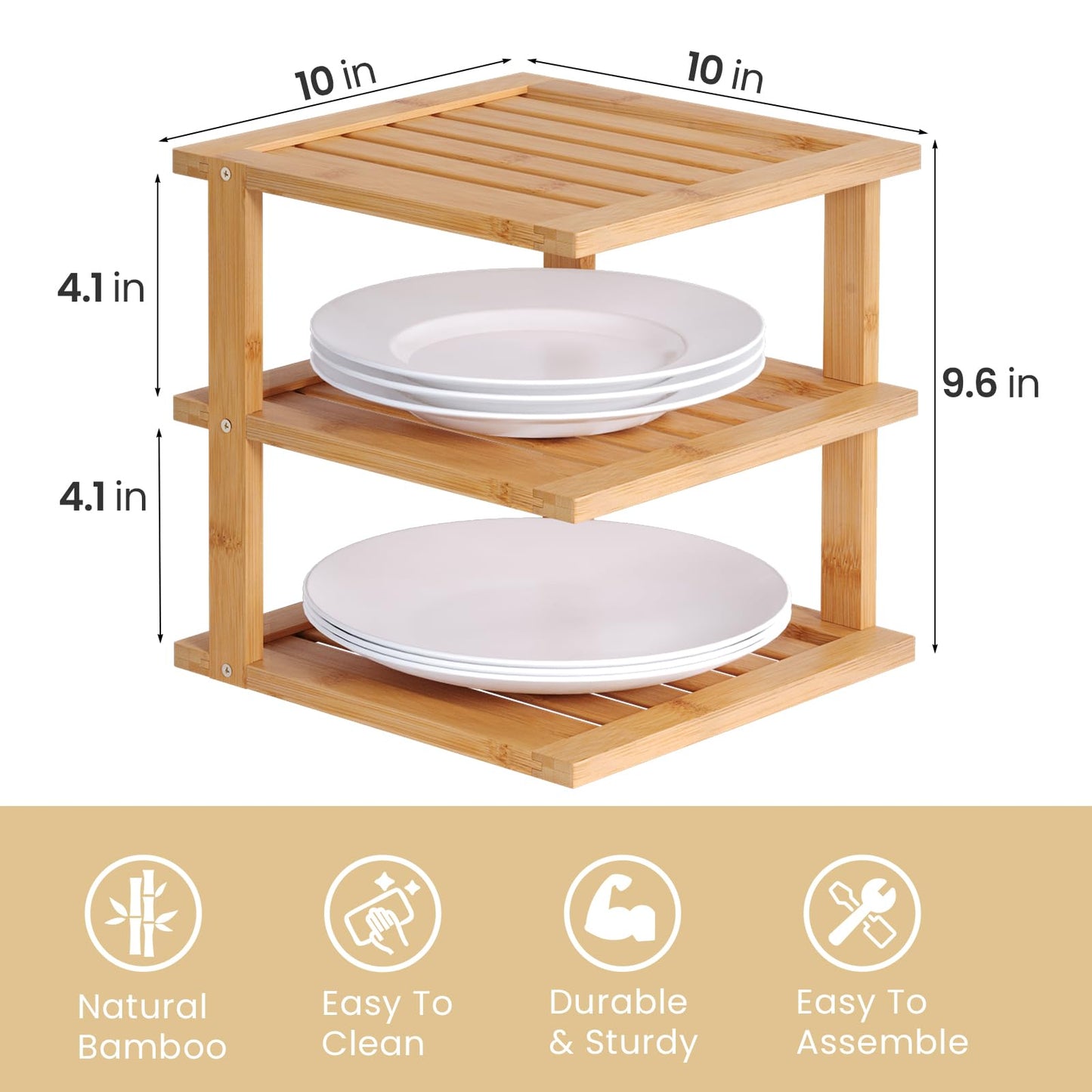 Danfoxer 2 Pack Bamboo Corner Shelf,3 Tier Kitchen Cabinet Organizer for Plates and Dishes,Pantry Storage and Spice Rack（Natural）