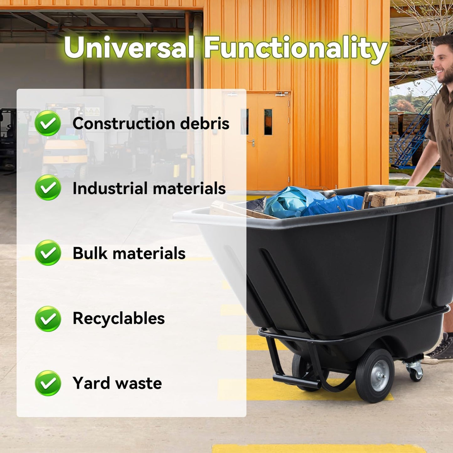 Fworkleft Tilt Dump Truck 850 lbs Capacity, 1/2 Cu.Yd Heavy Duty Trash Cart with Wheels, Forklift-Able Frame, Plastic Utility Dump Cart for Construction, Warehouse & Industrial Use (2-Pack)