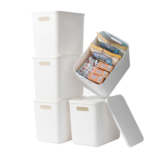 Gaoaodeyu 5 pack large plastic White storage bins with Lids, Toy Box Chest with Handle，Organizer Containers Baskets for Baby,Nursery，Shelves，Playroom, Bedroom，Office,Closet，home (White, 5L)