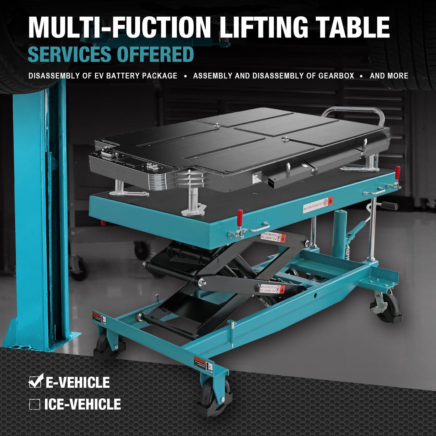 Hydraulic Lift Table Cart, 2,200 lb Capacity, 21.65"–68.9" Lift, 59" x 31.5" Anti-Slip Floating Platform, Insulated Tray, Dual Cylinder, PU Brake Casters