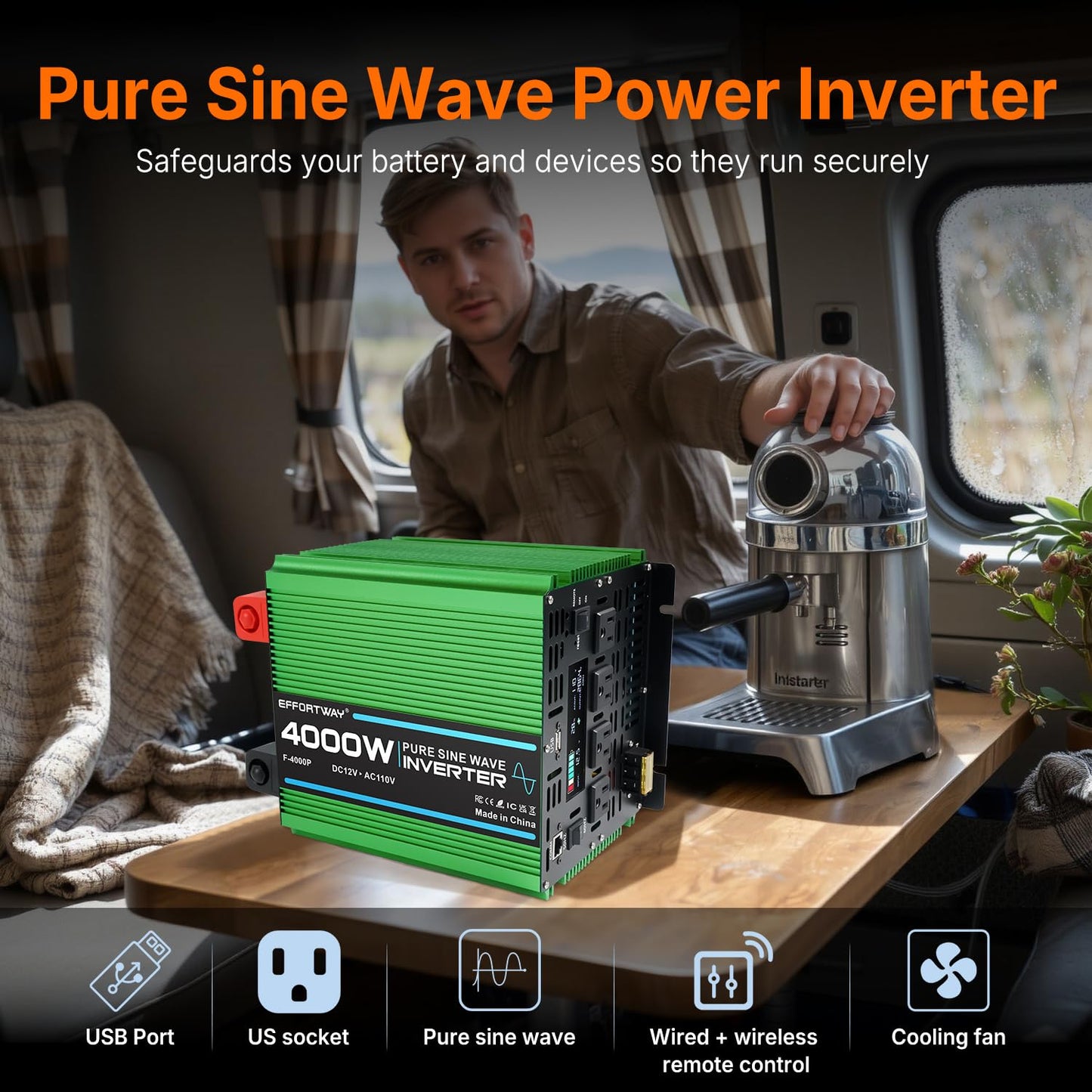 EFFORTWAY 4000W Power Inverter, 12V DC to 110V/120V Pure Sine Wave Inverter with 4 AC Outlets, USB Port, Hardwire Port, Remote Controller, Car Power Inverter for RV, Truck, Boat, Camping, Off-Grid