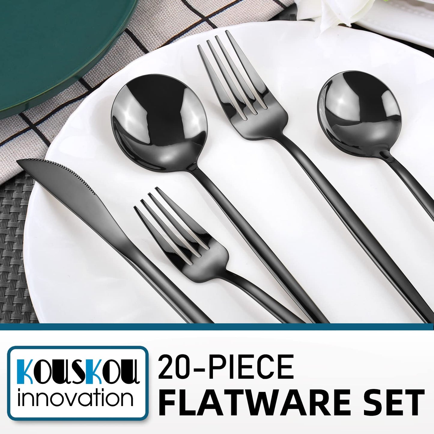 KOUSKOU Mirror Black Silverware Set, 20-Piece Flatware Cutlery Sets Service for 4, Mirror Polished Tableware Set, Utensils for Kitchens, Home and Restaurant, Dishwasher Safe