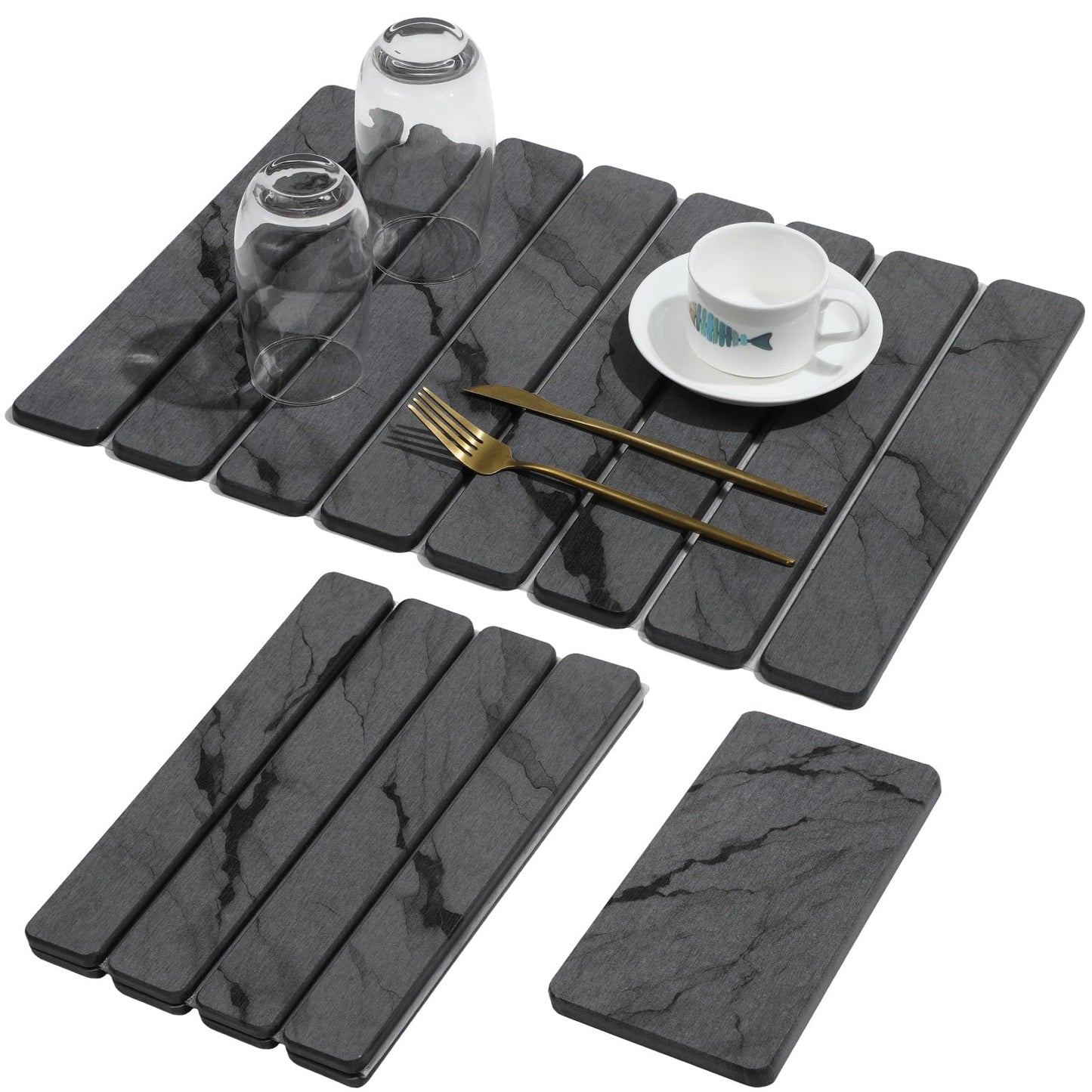2 PCS Stone Dish Drying Mat for Kitchen Counter,Quick Dry Stone Dishes Mats,Marbled Water Absorbing Diatomaceous Earth Drying Pad for Countertop Bottles Utensils Cups（Dark Gray 20"×14" & 8"x4"）