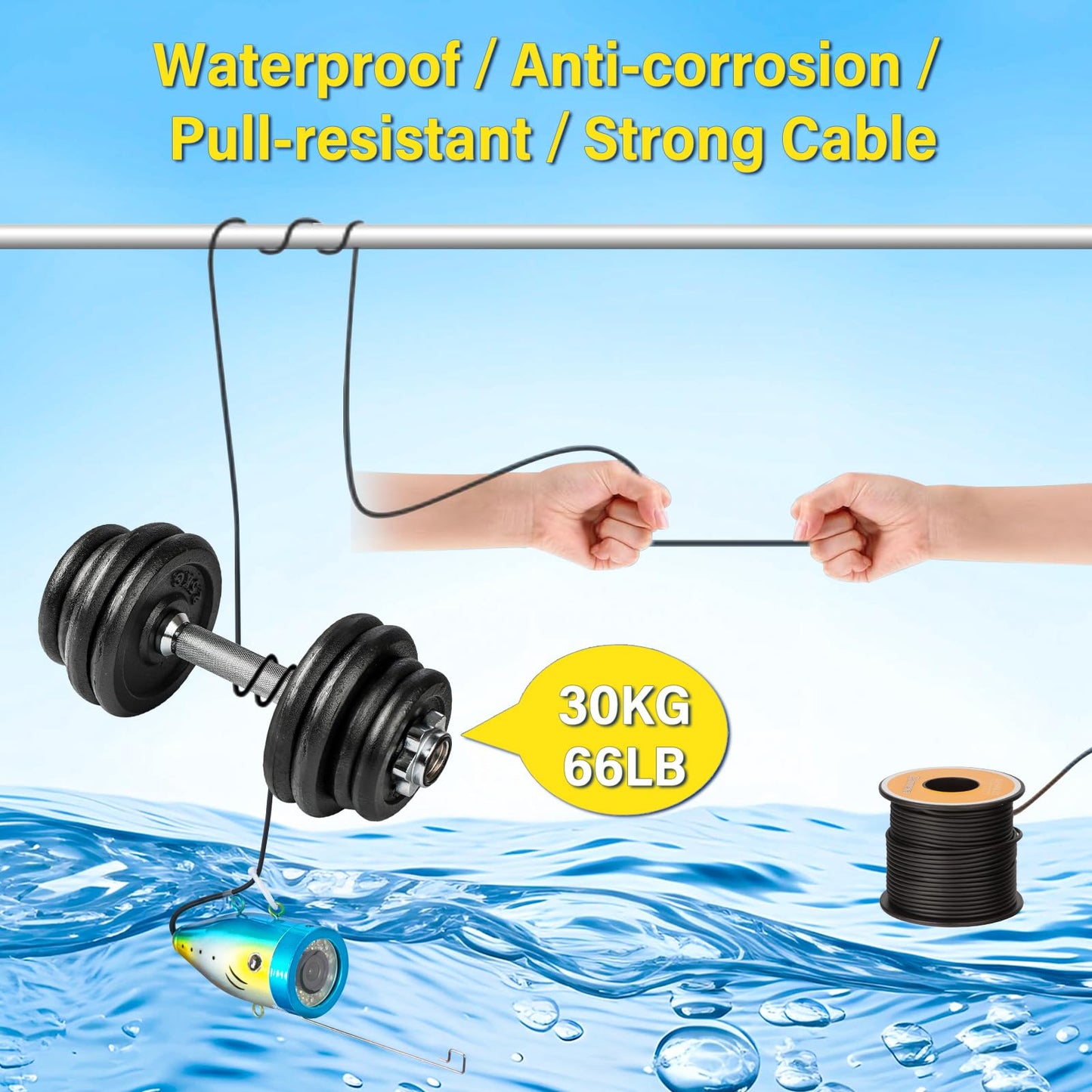 HD Underwater Fishing Camera 98FT,with 18 White+18 IR Lights,7'' 1080P DVR Monitor,Waterproof IP68 JQKJCAM Underwater Fish Finder Camera for Fishing/Deep Water Well Inspection (30M Easy to Use)