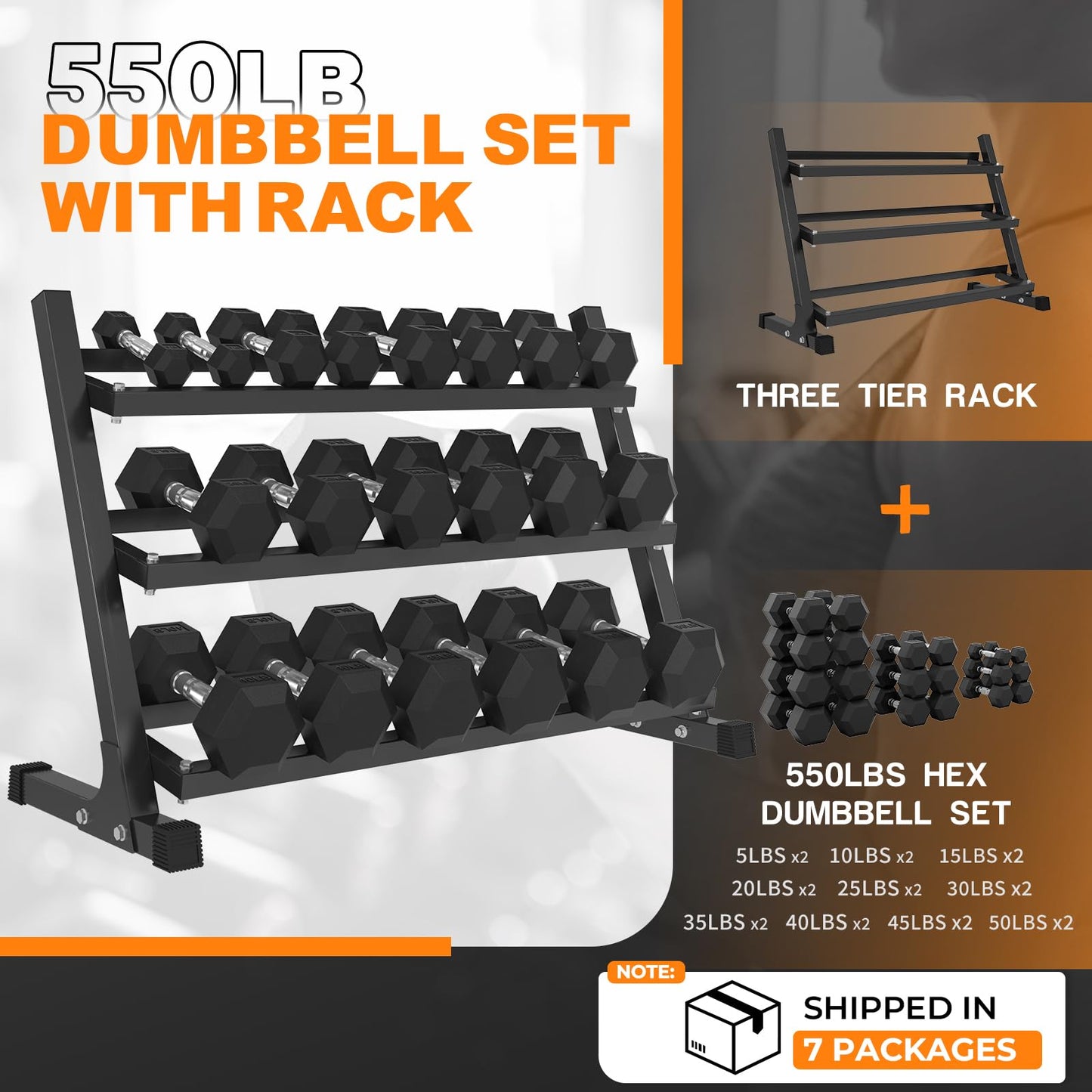 Mikolo Dumbbell Sets with Rack, Rubber Hex Dumbbells, Multiple Choices in 160/200/350/450/550LB, Hand Weights with Chrome Handle for Strength Training (550LB)