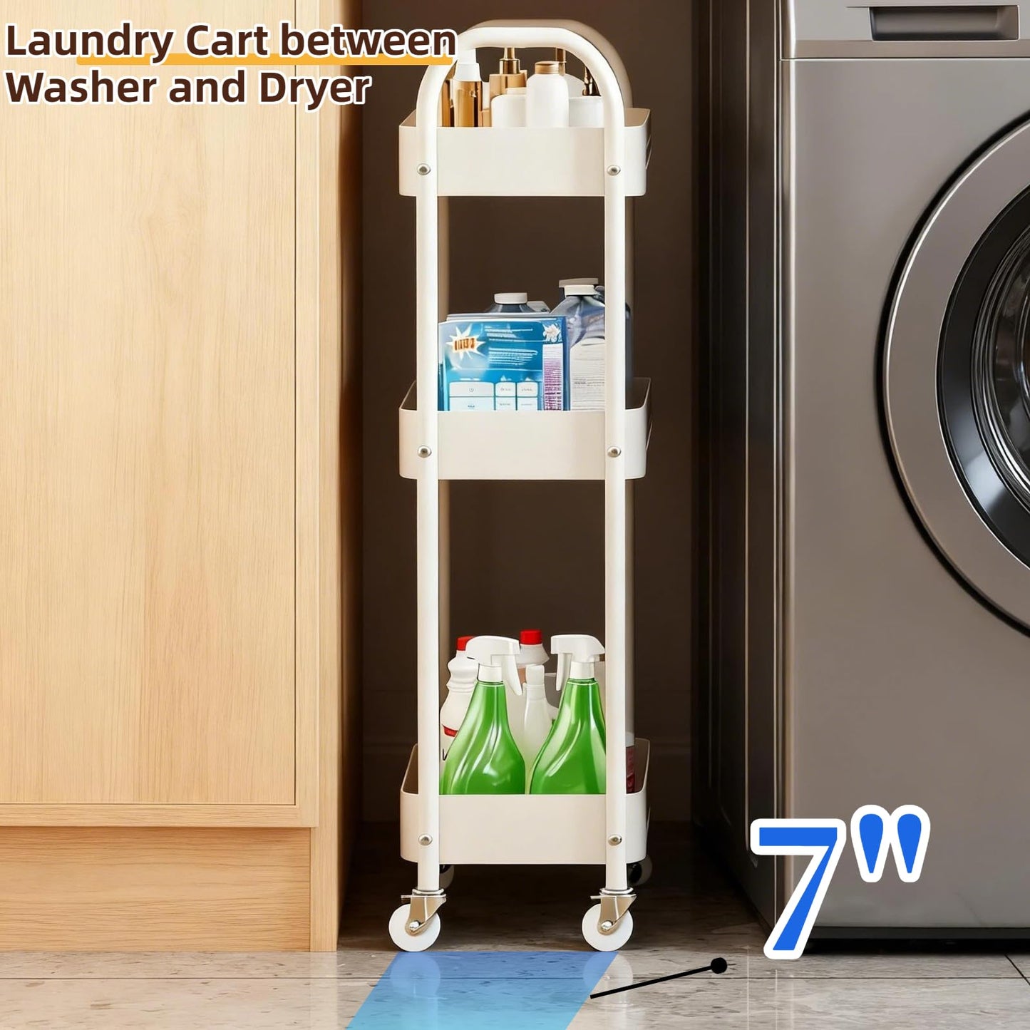 LIWNYRK 3 Tier Narrow Rolling Storage Cart for Laundry Room Bathroom Kitchen, 7.1'' Slim Utility Cart with Wheels and Lockable Casters Standing Shelf for Small Space & Between Washer and Dryer, White