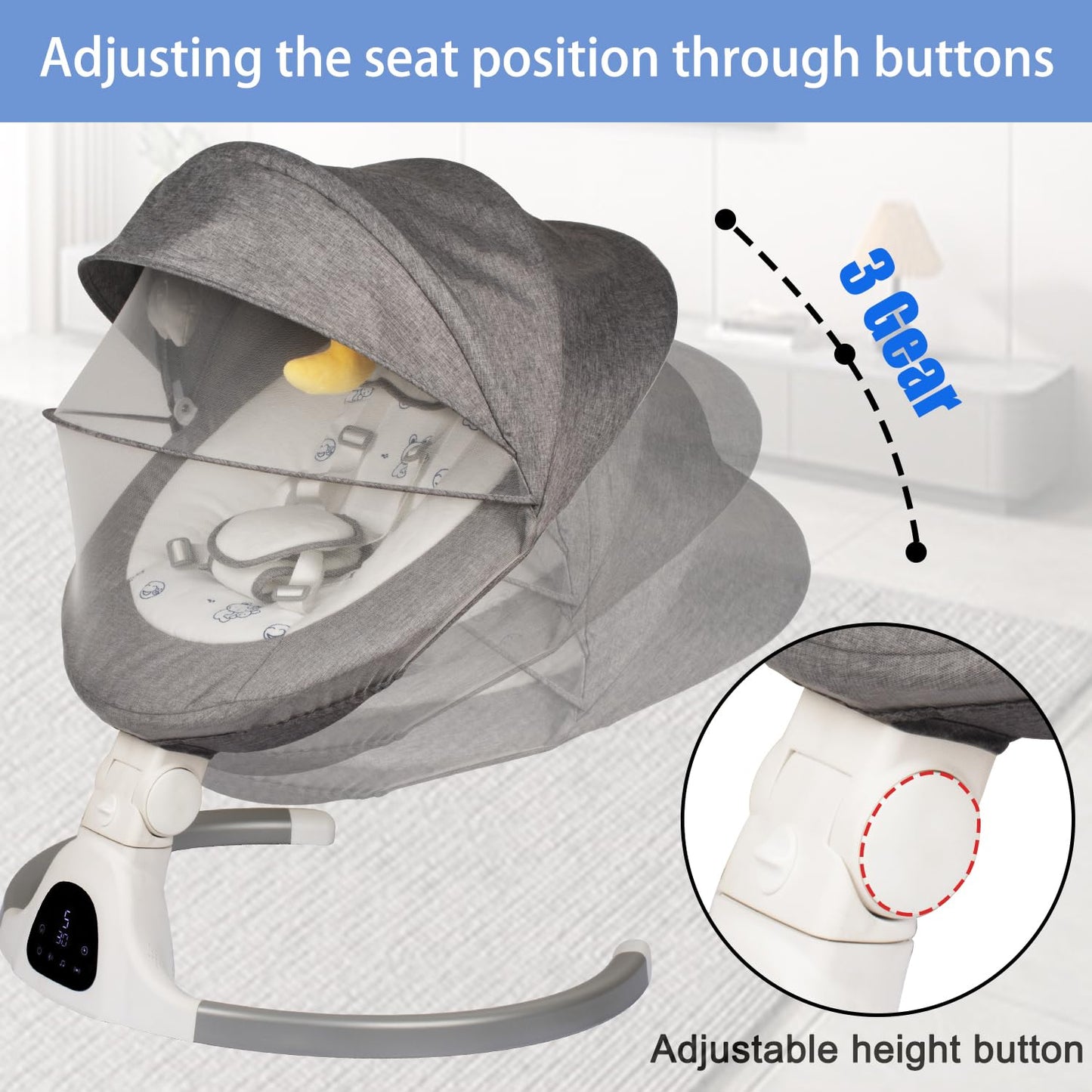 Baby Swing for Infants to Toddler Portable Babies Swing Timing Function 5 Swing Speeds Bluetooth Touch Screen Music Speaker with 10 Preset Lullabies 5-Point Carabiner