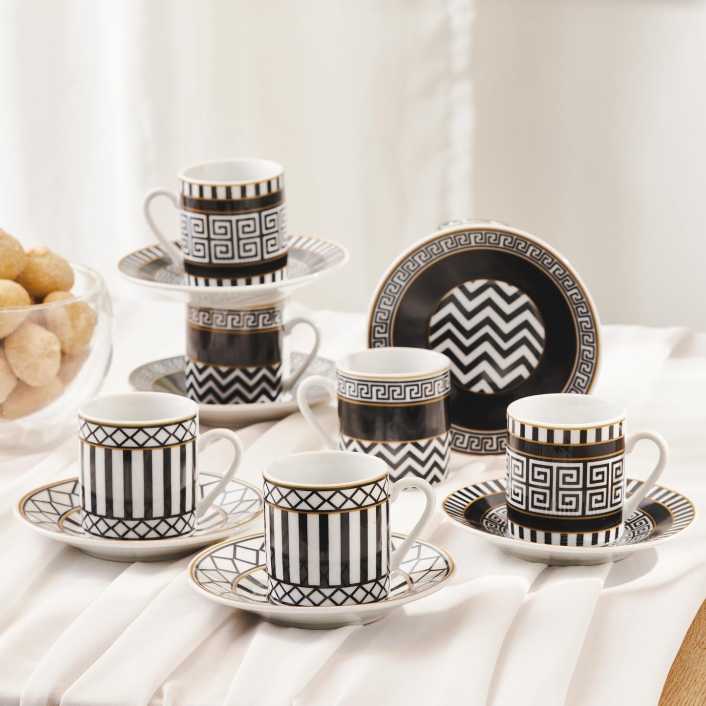 KARACA Helenistic Turkish Coffee Cups Set for 6, 12 Piece Porcelain Espresso Cups with Saucers, 80ML Demitasse Coffee Set, Black, Modern Elegant Design for Home & Gift