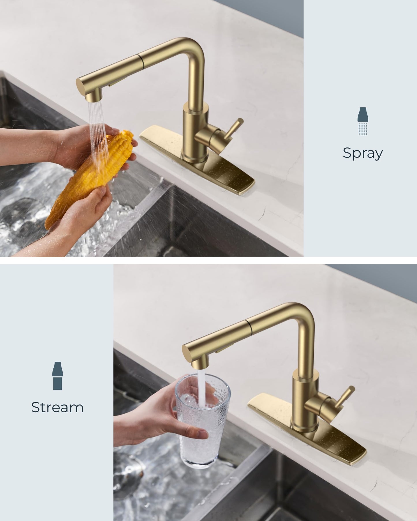 FORIOUS Gold Kitchen Faucet with Pull Down Sprayer, Stainless Steel Single Handle Classic Pull Out Sink Faucet for Farmhouse Laundry RV Bar, with Deck Plate for 1 or 3 Holes