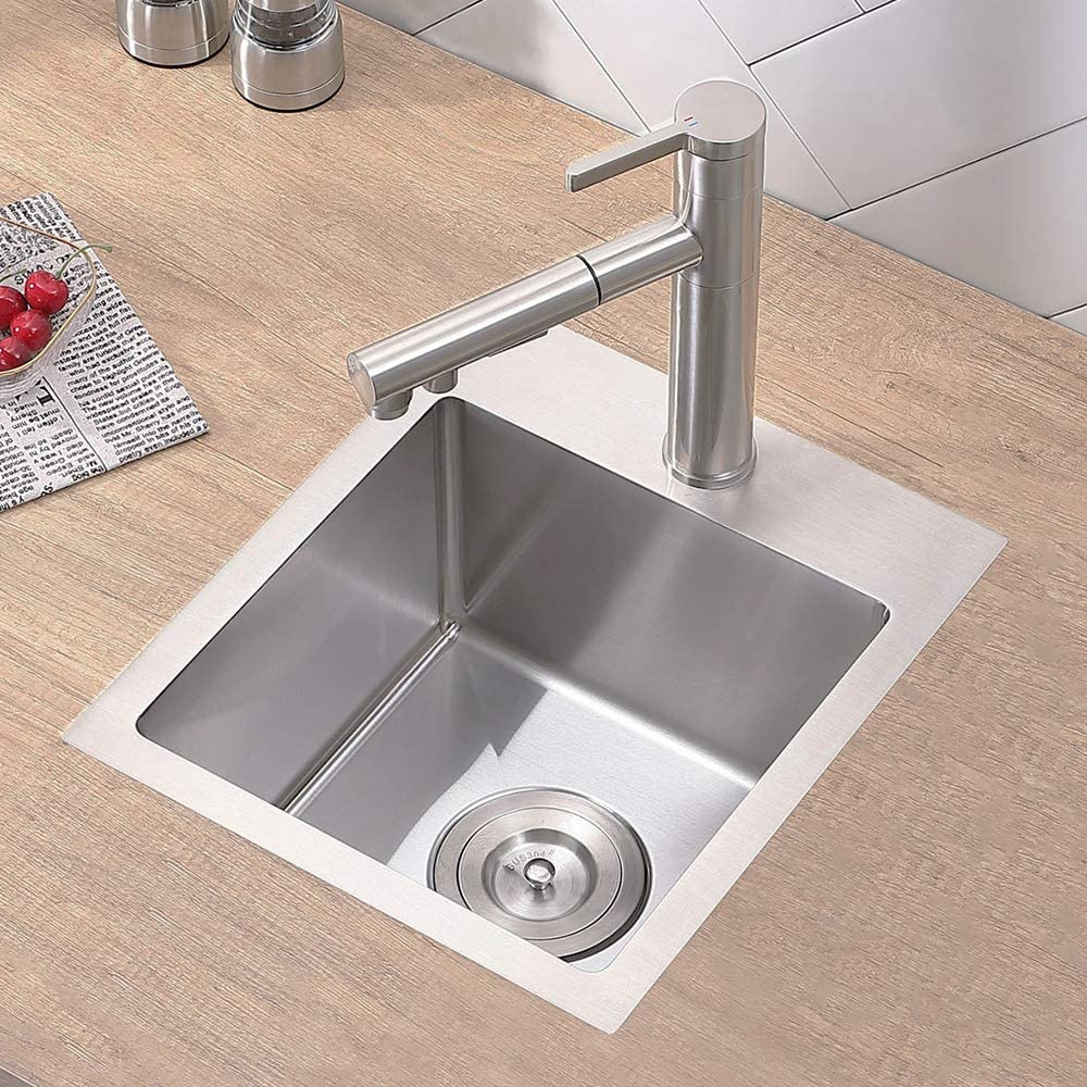 VCCUCINE Bar Sink Drop in,13x15 Inch Topmount RV Small Kitchen Sink,Handmade Stainless Steel Wet Bar Sink,Outdoor Single Bowl,Brushed Nickel Prep Sink with Accessories